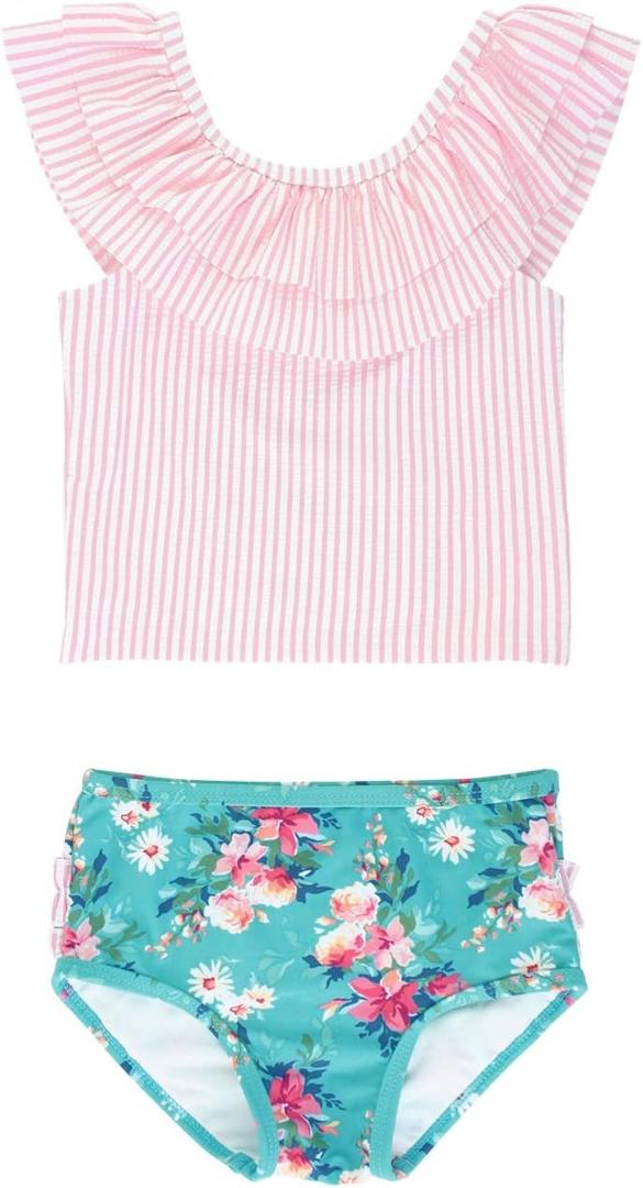 RuffleButts Girls UPF50+ Sun Protection One Shoulder Ruffle Tankini Two Piece Swimsuit (3-6 Months, Fancy Me Floral)