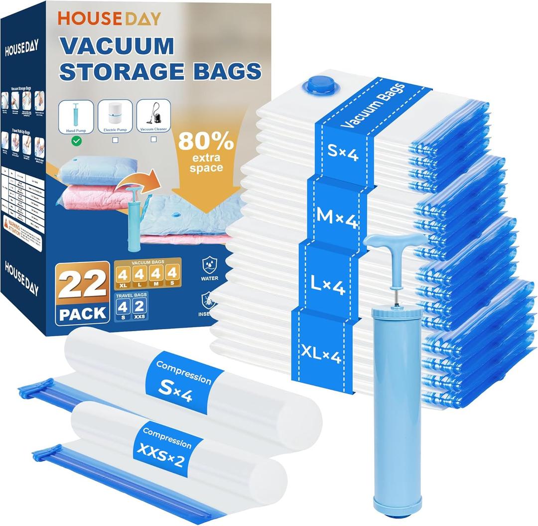 HOUSE DAY 22 Pack Vacuum Storage Bags with Pump,Space Saving Vacuum Seal Bags For Clothing Travel,4 Jumbo/4 Large/4 Medium/4 Small, 4S Roll/2XXS Roll Bags, Hand Pump Included, Sealer Clothes Storage