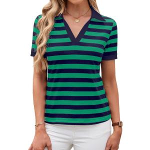 LilyCoco Striped Shirt Women Collared Fitted Short Sleeve Summer Casual T Shirt Green Large