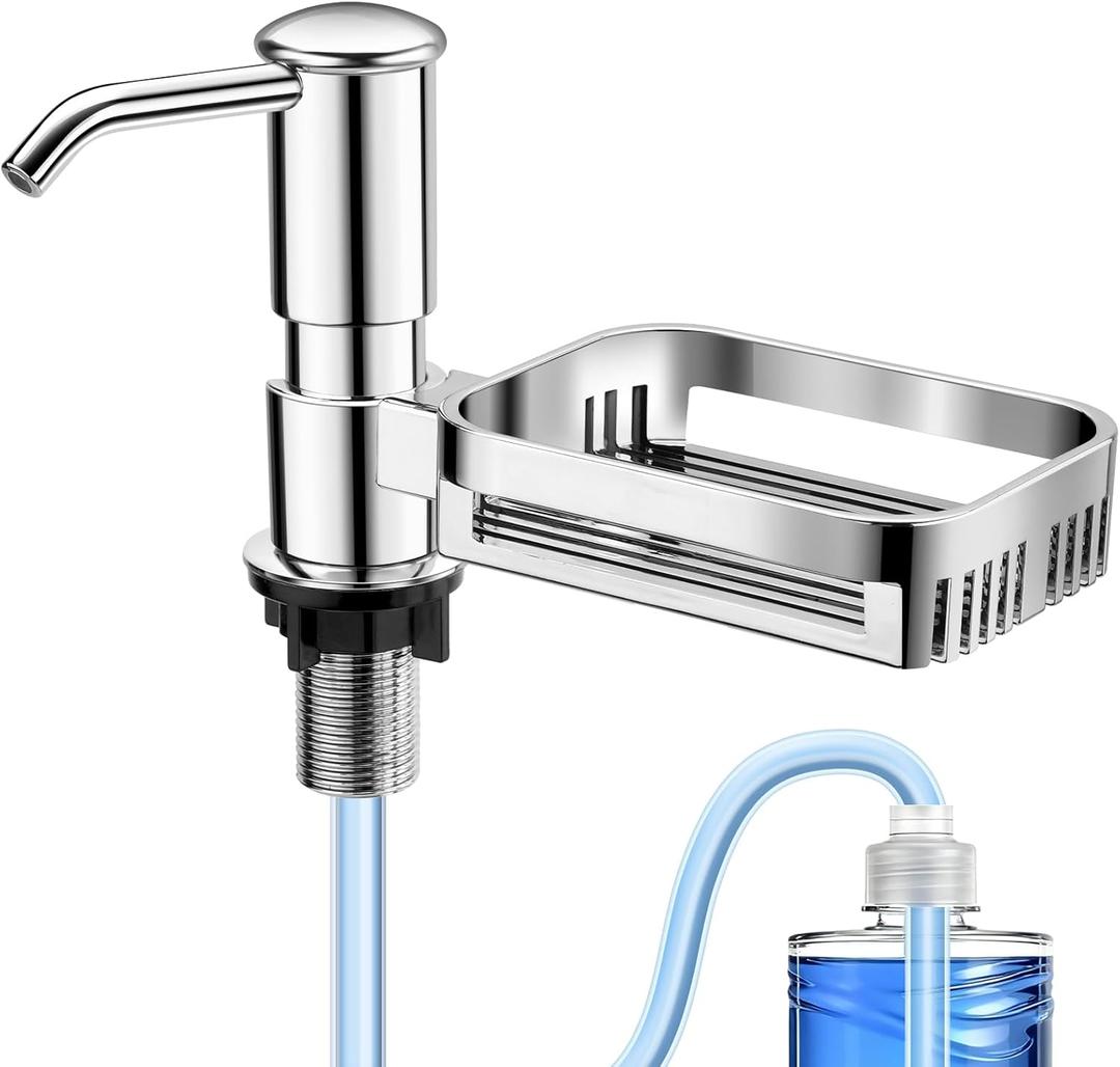 Kitchen Sink Soap Dispenser with 40" Extension Tube Built-in Sponge Holder, Leak-Proof ABS Pump, No Messy Refills, Under-Sink Bottle Connection Kit for Dish Soap, Hand Soap & Lotion (Brushed Nickel)