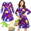 Ramede 3 Pcs Women Halloween Teacher Costume Set Vintage Long Sleeve Dress with School Bus Bag for Halloween Role Play Party (Large)