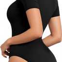 MANGOPOP Women's Square Neck Short Sleeve Long Sleeve Bodysuit Sexy Body Suits Shirt Slim Fitted Tops (Black, XS)