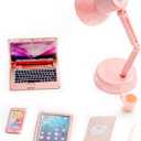 7 Pcs Miniature Laptop Tablet Phone Mini Books Desk Lamp Miniature Office Mini House Accessories, Pink