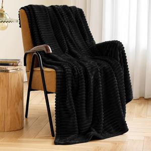 MIULEE Black Throw Blanket 3D Ribbed Jacquard Fleece Flannel Velvet Plush Decorative Bed Blanket (Throw, 50" x 60") - Super Soft, Lightweight, Warm and Cozy for Couch Sofa