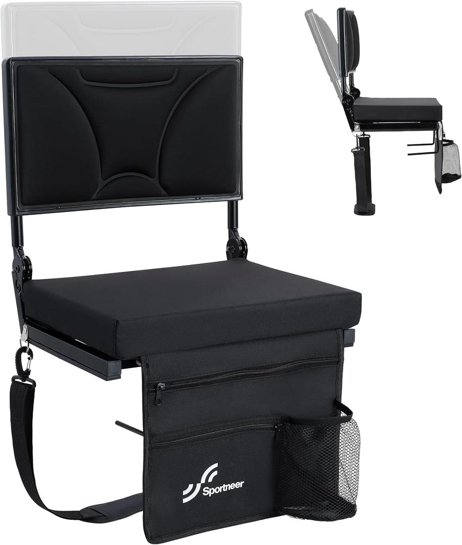 Sportneer Stadium Seats with Back Support: Height Adjustable Thick Padded Stadium Seats with Pocket, Shoulder Strap, Carry Handle, Cup Holder, Folding Stadium Chair for Sports Events Concerts Outdoor