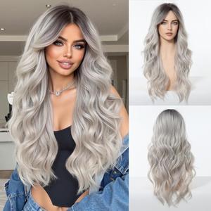 Glueless Heat Resistant Human Hair Wigs Long Wavy Middle Part Ombre Gray Brown for Women Natural Daily Wear (Gray Ombre,26inch)