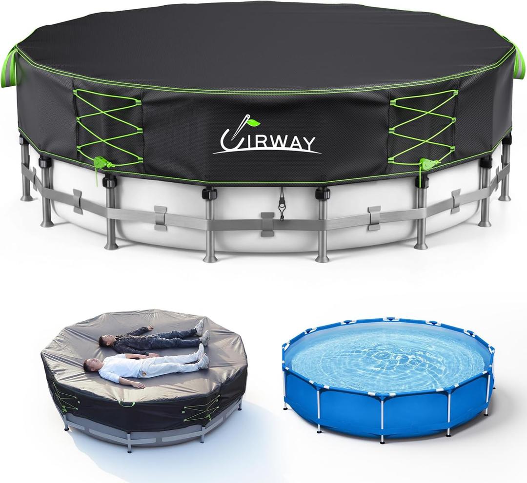 Uirway 600D Heavy Duty 10ft Round Pool Cover for Above Ground Pools, Solar Pool Cover Windproof Ratchet Locking System & Reflective Drawstring, Hard Pool Cover UV Protection, with Anti-Slip Straps