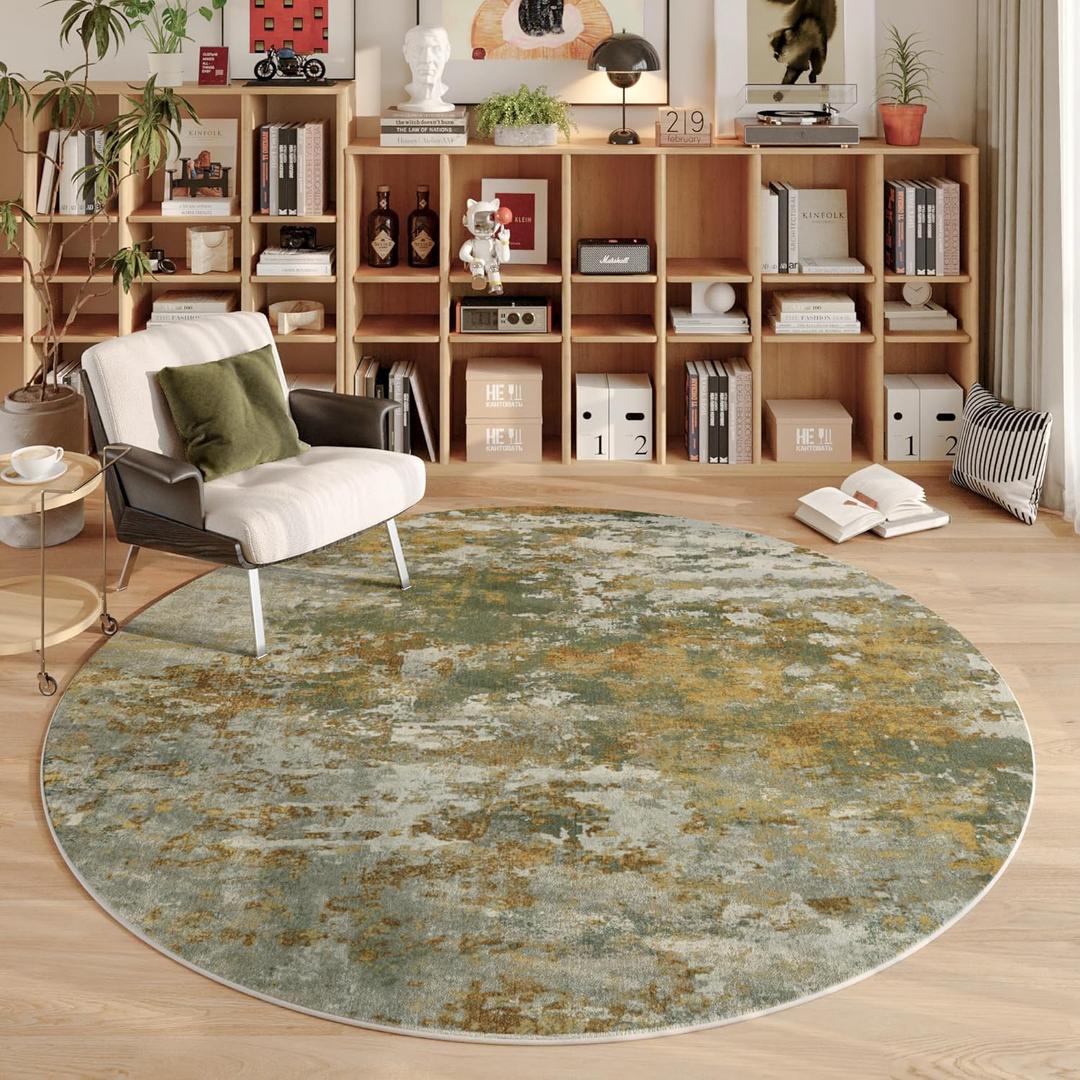 Green Round Area Rugs 4ft Washable Circle Rug for Entryway Kitchen, Non Slip Soft Low Pile Stain Resistant, Boho Circular Carpet for Living Room Bedroom Dorm Dining Room Table, Abstract Sage Green