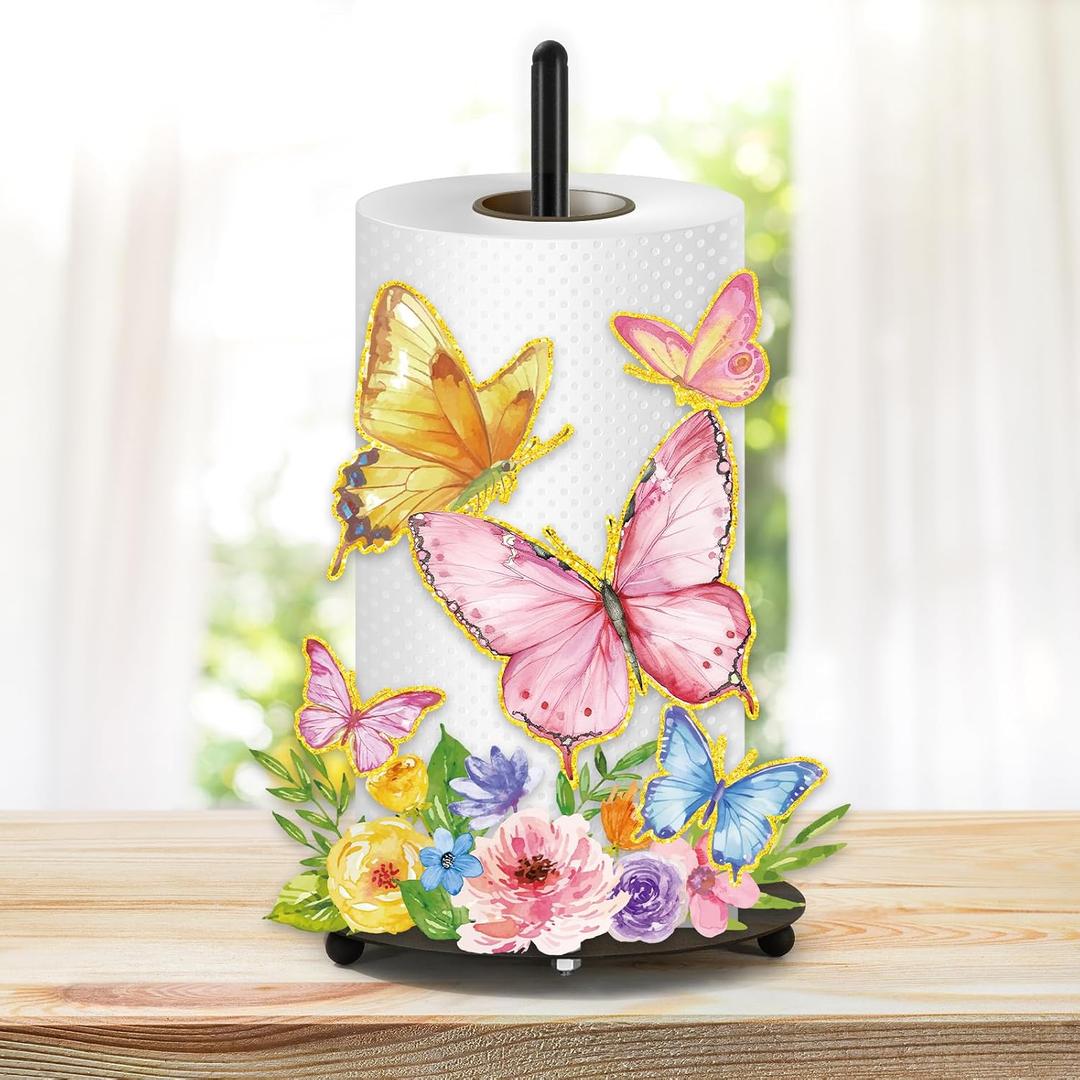 Whaline Spring Summer Paper Towel Holder Colorful Butterfly Floral Large Metal Towel Holder Countertop Roll Stand Organizer for Home Party Kitchen Bathroom Decor Accessories