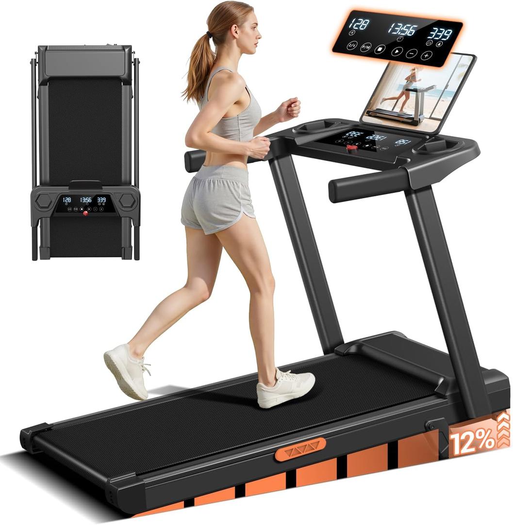 12% Incline Treadmill with Handle, 3-in-1 Portable Treadmills for Home and Office, Foldable Treadmills with 300 Lbs Weight Capacity, 3.0HP Quiet Walking Pad Treadmill, Three Touch Screen (Black)