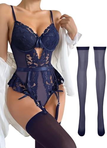 Lilosy Sexy Stocking Lace Mesh Bodysuit Top Underwire Garter Lingerie Set 3 Piece L