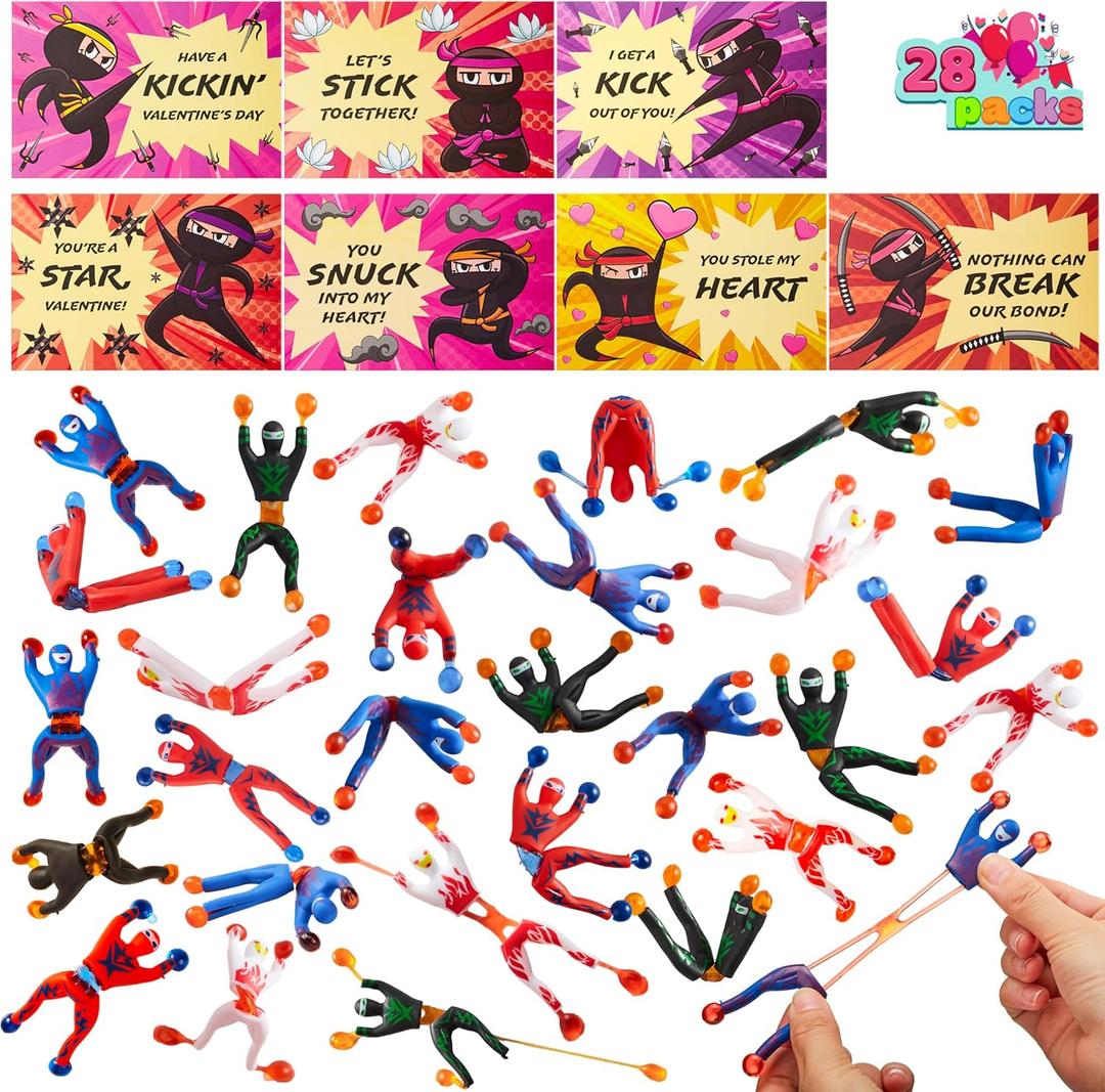 JOYIN 28 Packs Valentines Day Sticky Wall Climbing Men Ninja with Gifts Cards Set, Stress Relief Toys for Kids Party Favor, Classroom Exchange Prizes, Valentine Greeting Cards