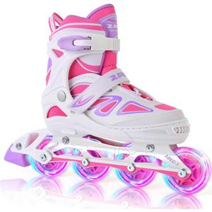 2PM SPORTS Vinal Girls Adjustable Flashing Inline Skates, All Wheels Light Up, Fun Illuminating Skates for Kids Men Adult Women and Boys (X-Large - Adult (9.5W-12W/8.5M-10.5M), White & Pink)