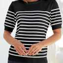ZESICA Women's Casual Striped Tops Short Sleeve Crew Neck Ribbed Knit T Shirts Comfy Loose Basic Pullover Sweater (Black)