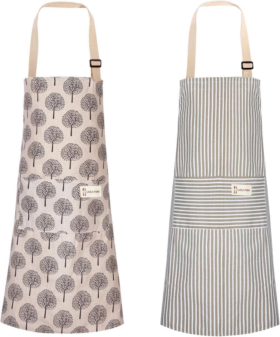 Syhood 2 Pack Aprons with 2 Pocket for Women Men Soft Linen Adjustable Bib Kitchen Cooking Apron for Chefs, Waiters, Baking(Brown Stripes Style)