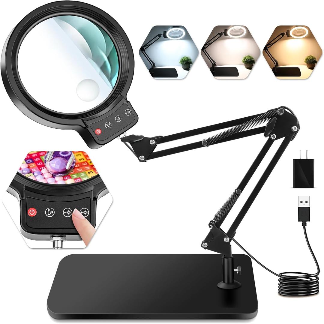 10X 30X Large Magnifying Glass with Light and Stand, 5-inch Lighted Magnifier, 72 LED 3 Color Modes Stepless Dimmable, Hands-Free Magnifying Glass Desk Lamp for Reading Craft Hobby Close Work Black
