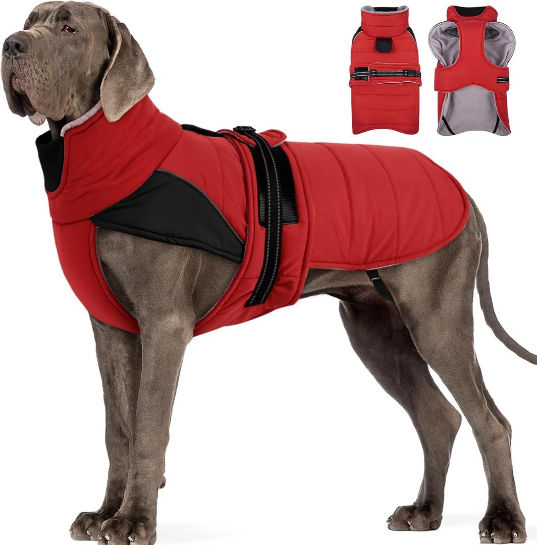 MIGOHI Thermal Large Dog Fleece Jacket - Rainproof Coat for Large Dogs, Thick Dog Winter Coat,Snow Jacket for Dogs Windproof for Hunting Camping,Windy Chilly Days,Doberman,Great Dane,3XL,RedBlack