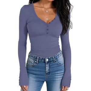 Prettywear Women Long Sleeve Henley Shirts V Neck Button Tight Slim Fitted Top Going Out Tees 2025 Trendy Spring Fall (Large, Grey Blue)