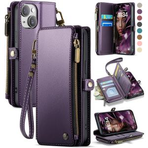 Defencase Compatible with iPhone 15 Case Wallet with RFID Blocking Card Holder for Women and Men, Fashion PU Leather Magnetic Snap Flip Zipper Strap Wallet Phone Case Fit for iPhone 15 6.1", Purple
