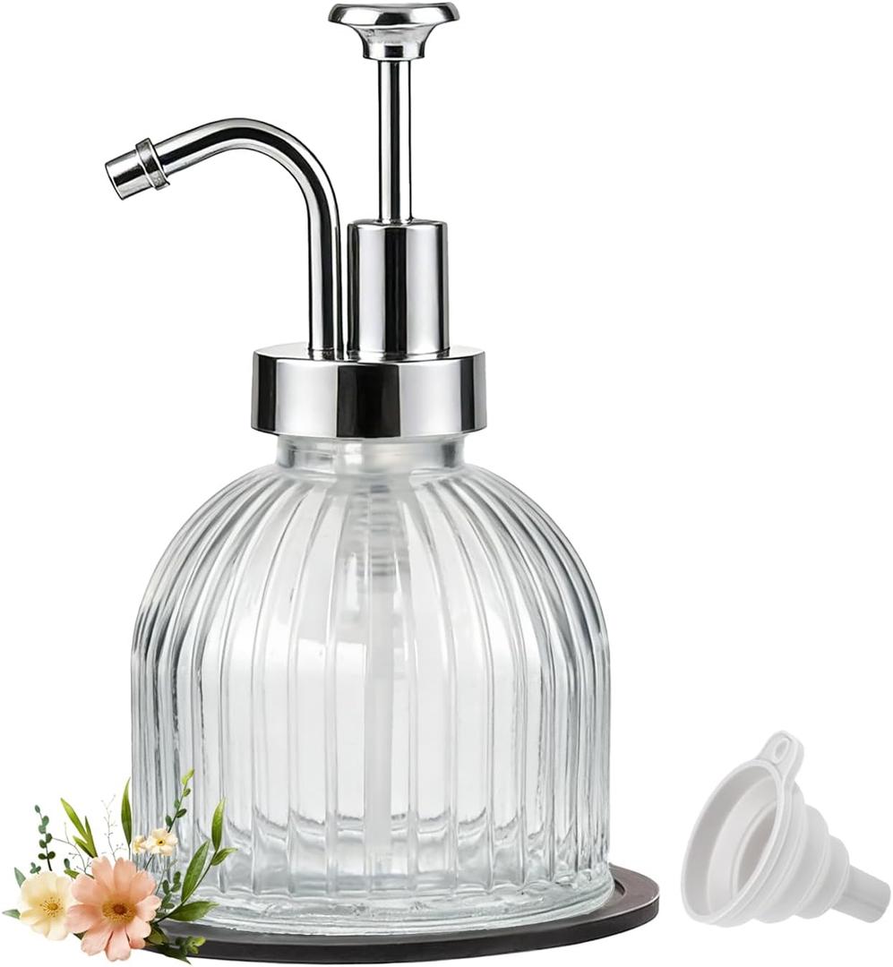 SheeChung 8 Oz Glass Soap Dispenser Bathroom, Clear Liquid Hand Soap Dispenser with Pump, Refillable Dish Soap Dispenser for Kitchen, Cute Modern Stripes Lotion Bottle, Shampoo (Silver Pump, 1 Pack)