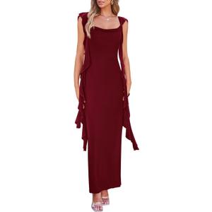 PRETTYGARDEN Women's 2026 Summer Wedding Guest Dress Sleeveless Ruffle Formal Cocktail Party Maxi Bodycon Dresses (Medium, Wine Red)