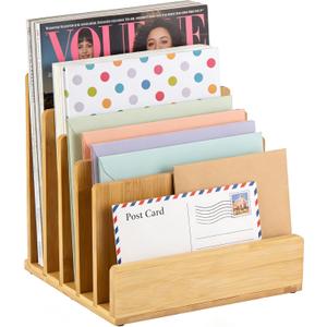 Bamboo Desk File Organizer, 5-Section Vertical Mail Sorter, Home Office Desktop Holder for Folders, Letters, Envelopes, Bills, Documents Storage