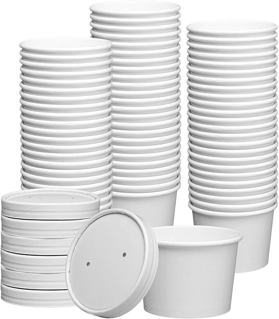 8 oz. - 50 Count White Paper Food Containers with Vented Lids - To Go Hot Soup Bowls, Disposable Ice Cream Cups, Ideal for Hot and Cold Foods - (Formerly Comfy Package)