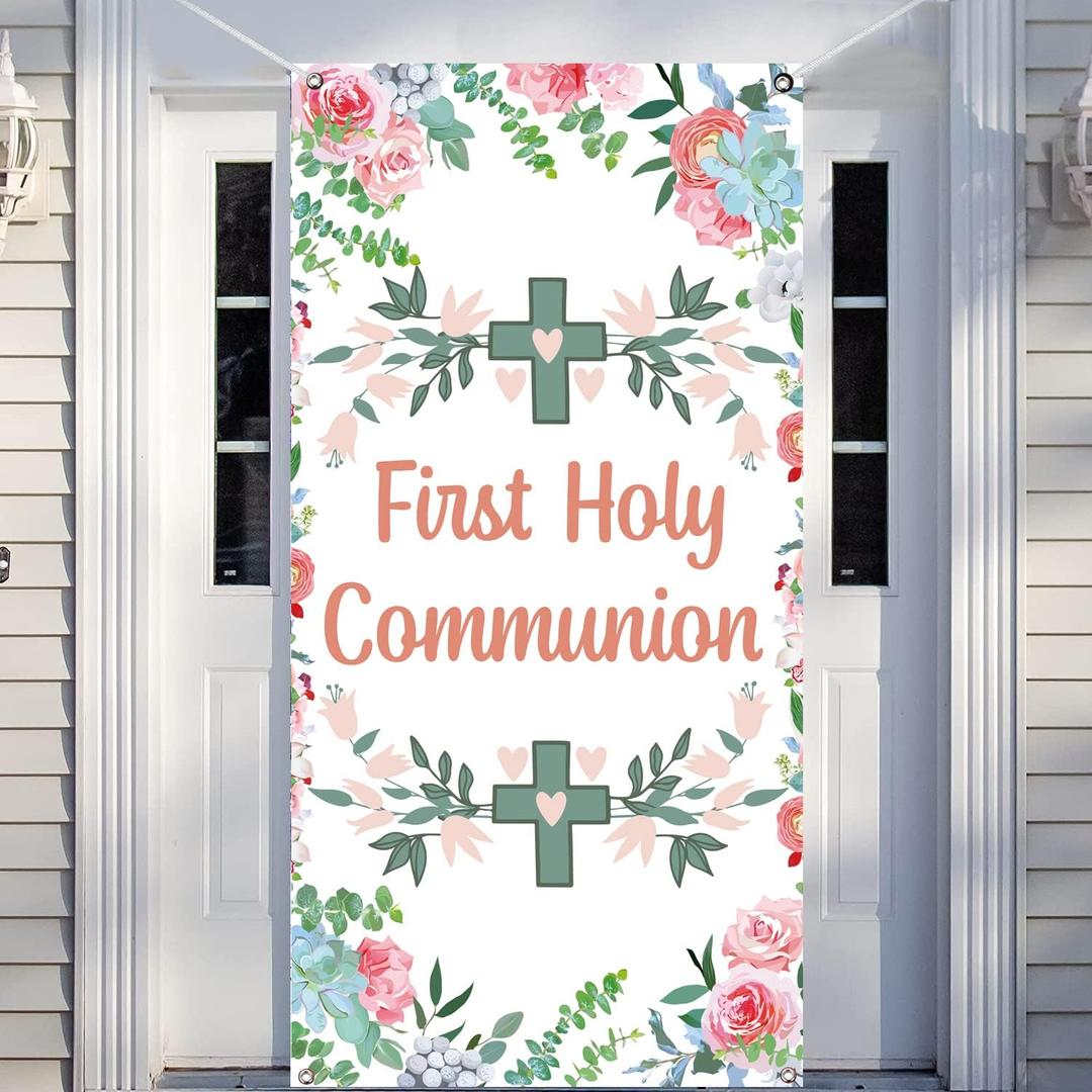 Pink First Holy Communion Door Cover Decorations, Girl Christening God Bless Front Door Decor Porch Banner Sign for Baby Baptism Dedication Photo Props Door Banner Communion Party Supplies 35.4 x 70.8