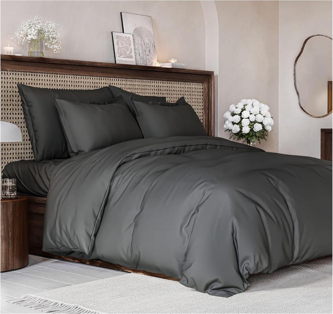 Duvet Cover Queen Size Set - Extra Soft Queen Size Duvet Cover 90 x 90 with 2 Pillow Shams - Hotel Luxury Easy Care and Fade Free w/ Zipper Closures & Ties - Comfy Breathable Bedding Set (Charcoal) (09 - Charcoal (No Comforter))