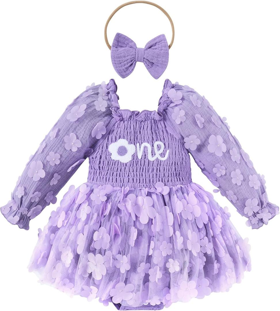 UNICOMIDEA Baby Girl 1st Birthday Outfit One Year Old Birthday Clothes Toddler Long Sleeve Tulle Romper Dress (12-18 Months, Purple)