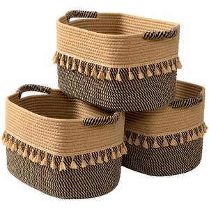 TeoKJ Set of 3 Baskets for Organizing, Decorative Rope Baskets for Storage, Storage for Pets, books, Pillows, Toys & Cloths, Black & Jute