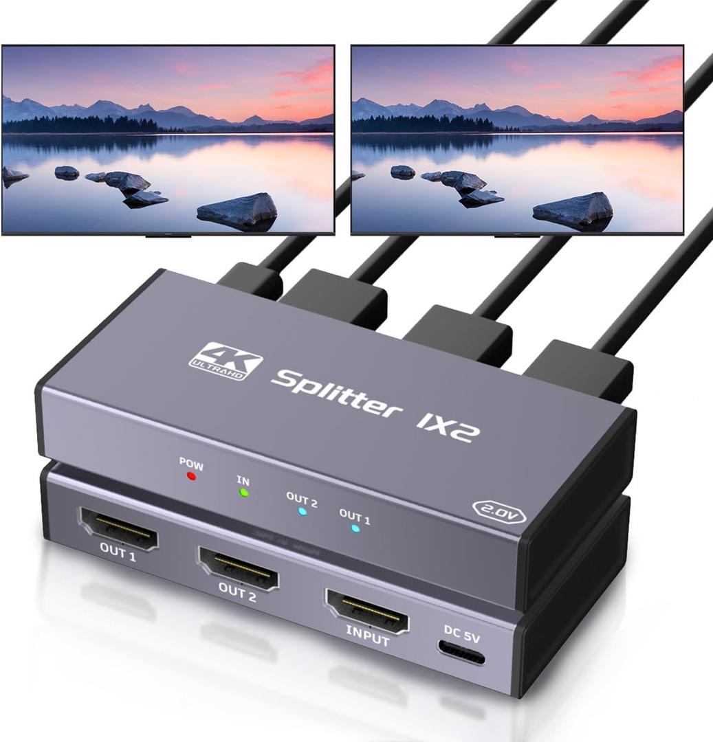HDMI Splitter 1 in 2 Out, 4K UHD HDMI Splitter for Dual Monitors, with Mirror Mode, Audio Sync, Metal Shell, Compatible with TV, PS5, Xbox, STB, PC, Laptop