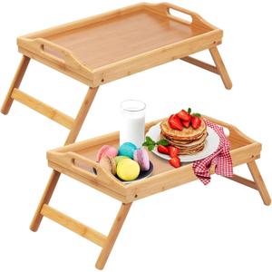 Artmeer Bed Tray Table with Foldable Legs,Bamboo Breakfast Tray with Handles Ideal for Sofa, Bed, Eating,Working,Used As Laptop Desk Snack Tray 2 Pack Bamboo (Medium)