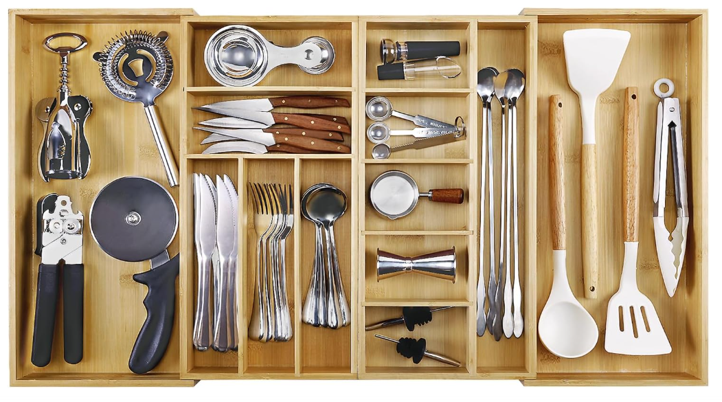 MH MYLUNE HOME Large Bamboo Expandable Drawer Organizer, 16-30 Inches Wide, Rustic Kitchen Drawer Organizer for Utensils, Silverware Holder, Adjustable Cutlery Tray, Junk Drawer Organizer 