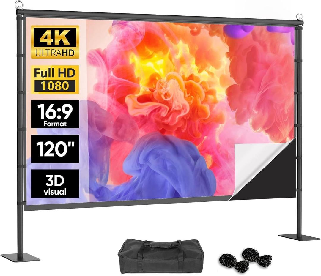 Outdoor Projector Screen with Black Backing - 120 inch Portable Projection Screen with Stand, 16:9 Wrinkle-Free Opaque Movie Screen with Carry Bag for Indoor Home Theater Backyard Cinema