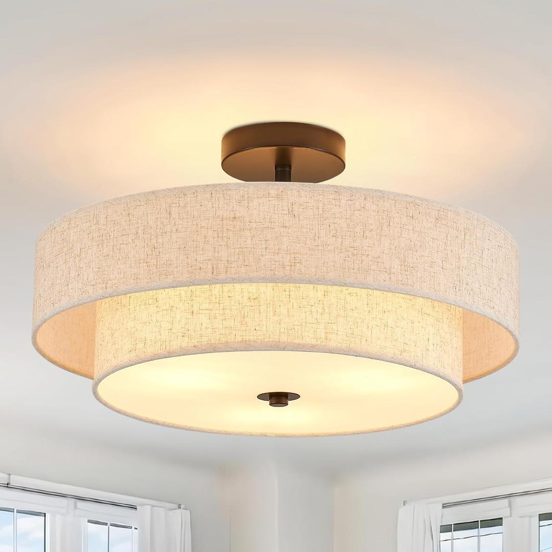 Modern Semi Flush Mount Ceiling Light 18" Modern 3-Lights Black Drum Ceiling Lighting Fixture with Linen Shade Vintage Ceiling Lamp for Kitchen, Basement, Laundry Room, Bedroom (2-Tier Black)