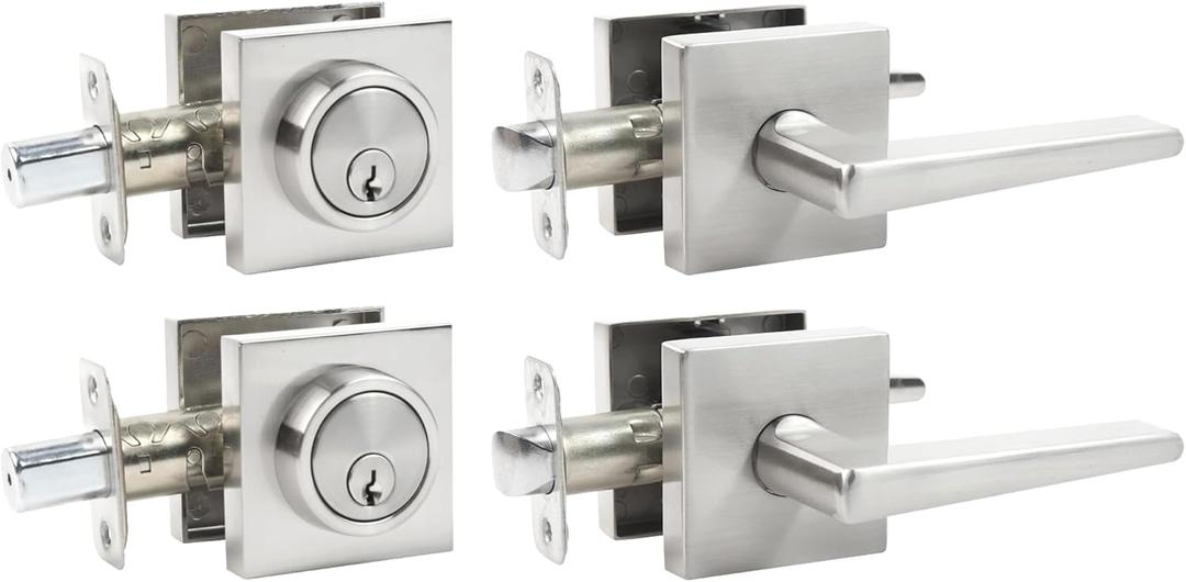 Deadbolt Lock and Door Knob Set, Exterior Door Lock Set with Deadbolt, Square Dead Bolt Locks For Exterior Doors, Heavy Duty Entry Door Lever with Single Cylinder Deadbolt, (Satin Nickel 2Pack)