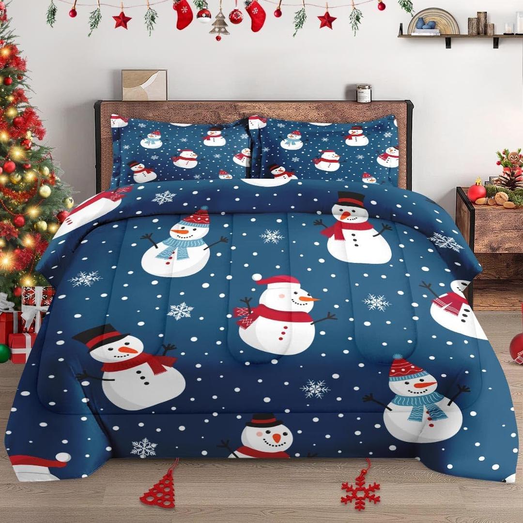 King Size Comforter Set with 2 Pillowcases, Christmas Blue Snowman Winter Snowflakes Soft 3 Pcs Bedding for Kids and Adults Bedroom Bed Decor