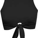 Women's Cut Out Tie Knot Front Scoop High Neck Tank Crop Top Bikini Swimsuit Top Only XL (Black)