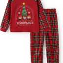 Harry Potter Pajamas Gryffindor Hufflepuff Slytherin Ravenclaw Hogwarts Crest Long Sleeve Shirt and Plaid Pant for Big Kid (6-7 Years, Red-1)