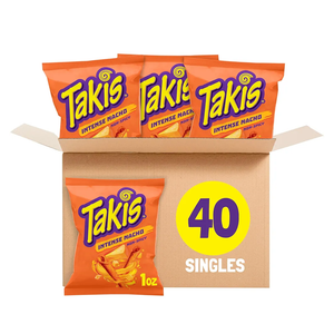 Takis Intense Nacho 40 pc / 1 oz Multipack - Cheddar Cheese Flavored Non-Spicy Rolled Tortilla Chips - Individual Bags, Perfect for Tailgates, Parties, Lunchboxes or Lunches, EXP May/7/2025