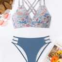Fanuerg Women's Sexy V Neck Bikini Sets Hollow Out Two Piece Swimsuits Cutout Mid Waist Bathing Suit (Floral Grey Blue, M)