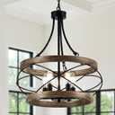 5-Light Farmhouse Chandelier, 17.72" Rustic Drum Dining Room Light Fixture, Vintage Wood Finish Metal Hanging Pendant Lighting, Industrial Candle Chandeliers for Living Room Kitchen Entryway Bedroom