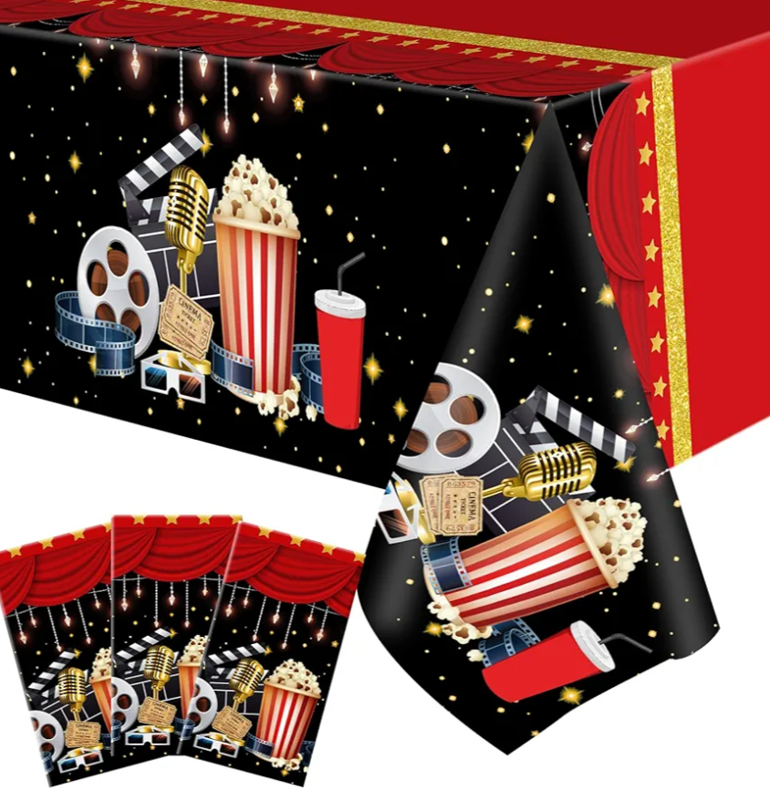 Buryeah 3 Pieces Movie Night Tablecloth Plastic Table Covers Movie Theater Table Cloth for Party Supplies Red Carpet Birthday Party Decor, 54 x 108 Inch