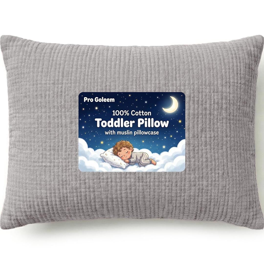 Pro Goleem Toddler Pillow with 100% Muslin Cotton Pillowcase  13x18 Ultra Soft, Breathable & Machine Washable Kids Pillow for Sleeping, Travel, Daycare & Preschool Nap(Grey, Ages 2+)