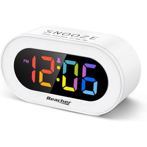 REACHER Small Colorful LED Digital Alarm Clock with Snooze, Simple to Operate, Full Range Brightness Dimmer, Adjustable Alarm Volume, Outlet Powered Compact Clock for Bedrooms, Bedside, Desk, Shelf