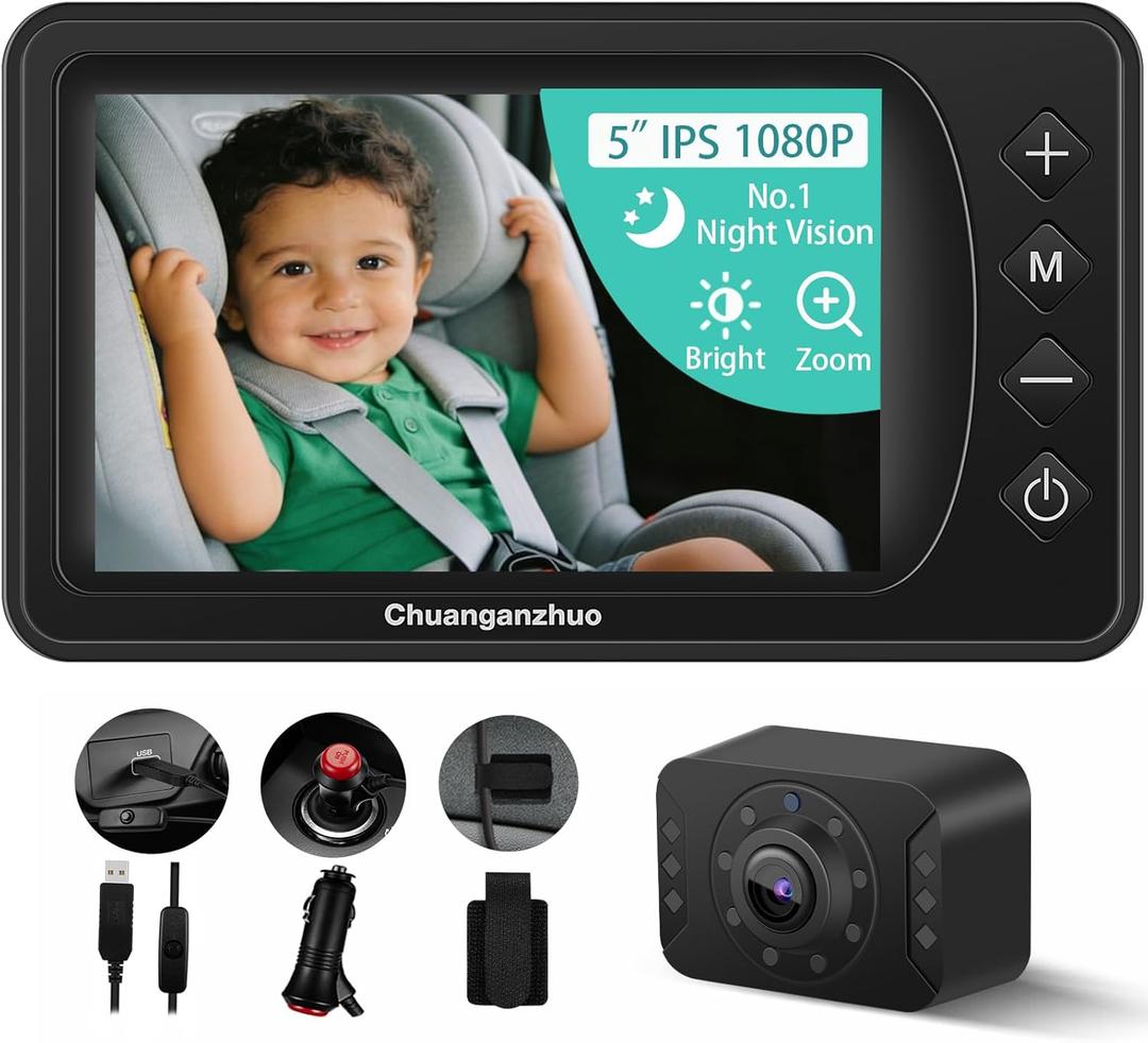 5'' Baby Car Camera with NO.1 Night Vision, USB Powered, Mirror/Normal Mode, 1080P IPS Crystal-Clear Car Baby Monitor With Brightness Setting & 3X Zoom, infant Backseat Camera, S100U, 5inch Black