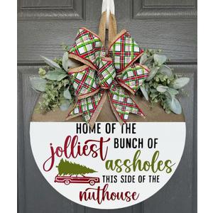 Christmas Welcome Wreath Decorations, Funny Christmas Hanging Sign for Front Door, Wooden Door Wreath with Bow for Holiday Rustic Farmhouse Outdoor Wall Window Decor (Style A)