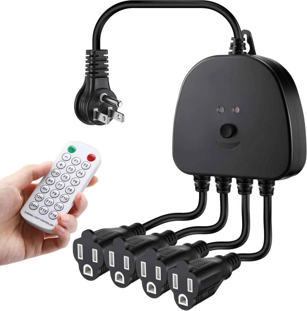 Christmas Light Controller with Remote, Multiple Lighting Effects, Timer, Dusk to Dawn Sensor Control, for Indoor Outdoor Holiday Xmas Lights, Waterproof(4 Channel/14 Functions,Black)