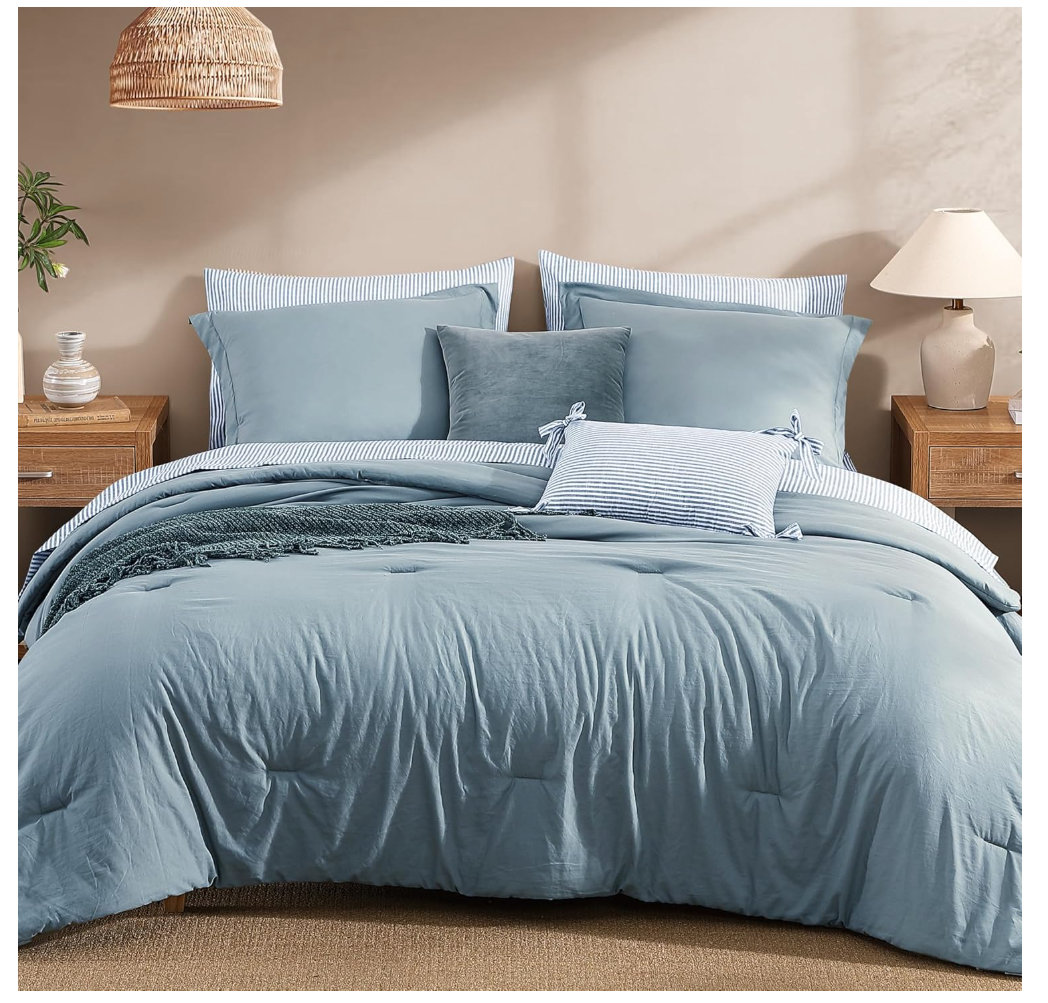 Monbix Queen Comforter Set - 7 Pieces Dusty Blue Prewashed Bed in a Bag Queen Bedding Sets with Comforters, All Seasons Ultra Soft Comforter Bed Set with Sheets,Pillowcases & Shams